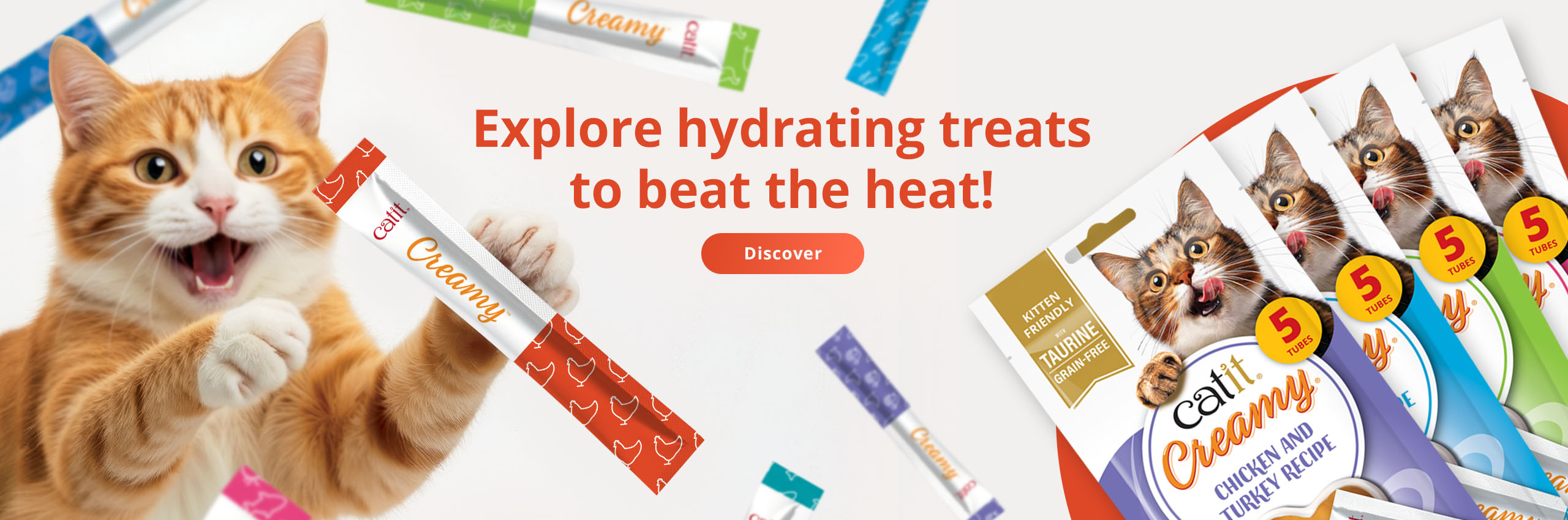 Catit Creamy hydrating cat treats with a call to action to discover more