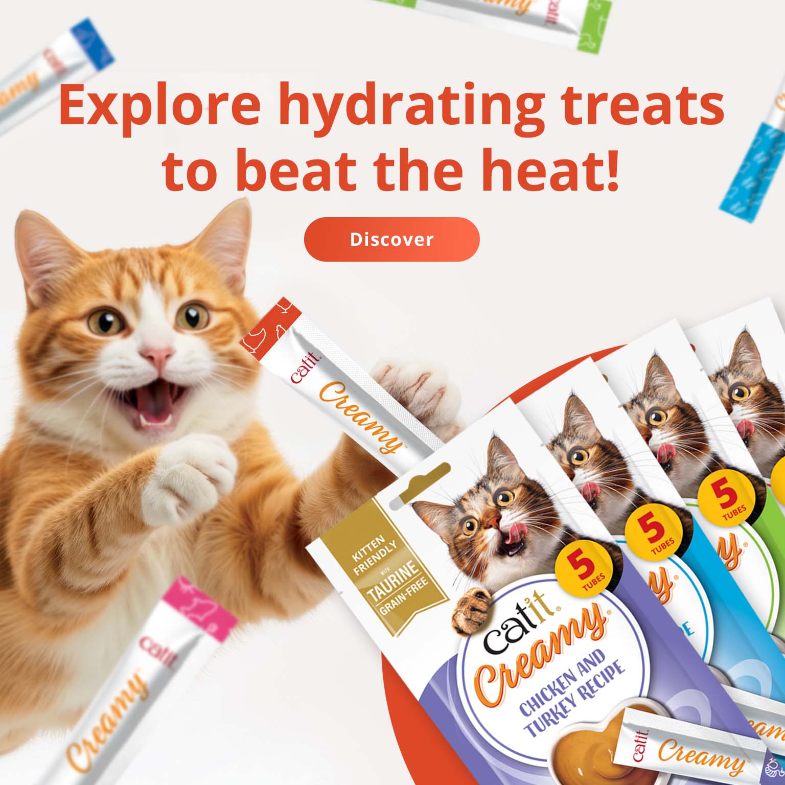 Catit Creamy hydrating cat treats, encouraging users to discover products to help cats beat the heat