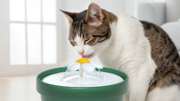 Cat Drinking From Catit Flower Fountain in living room