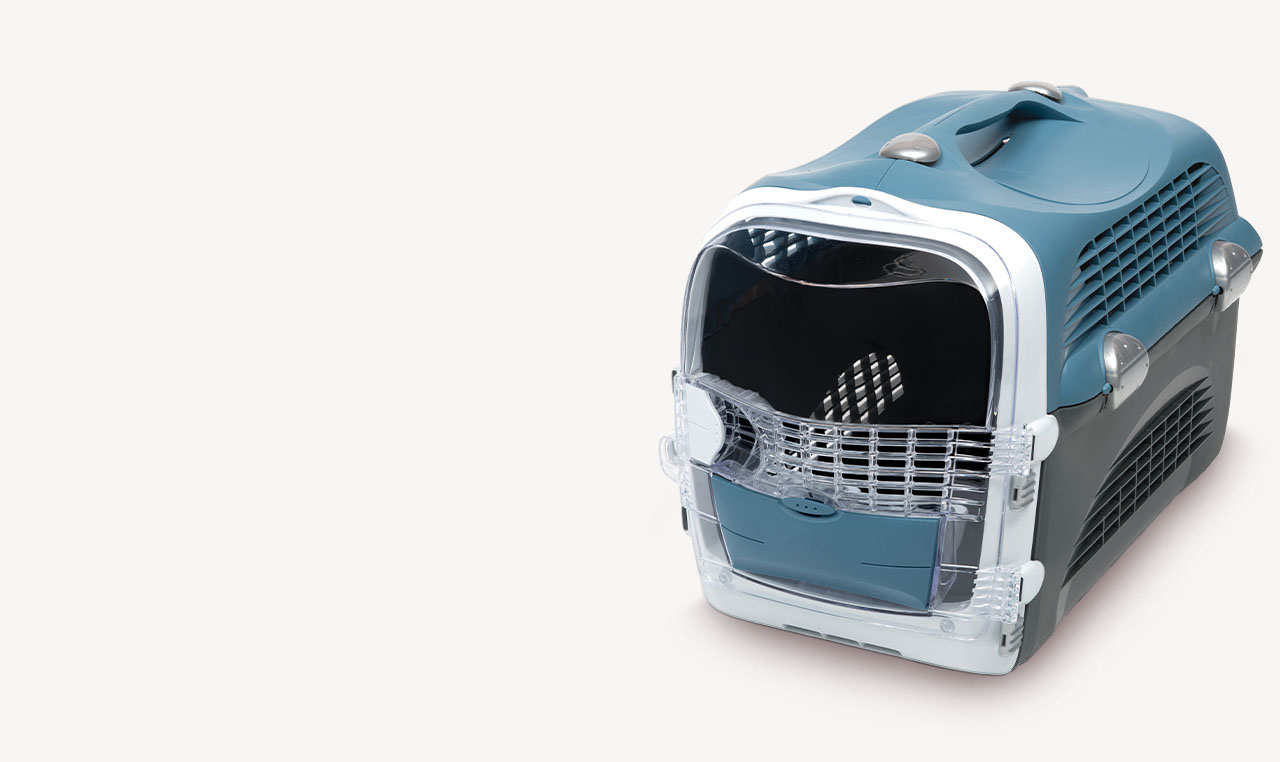 Catit Cabrio pet carrier in blue and white with a clear front door