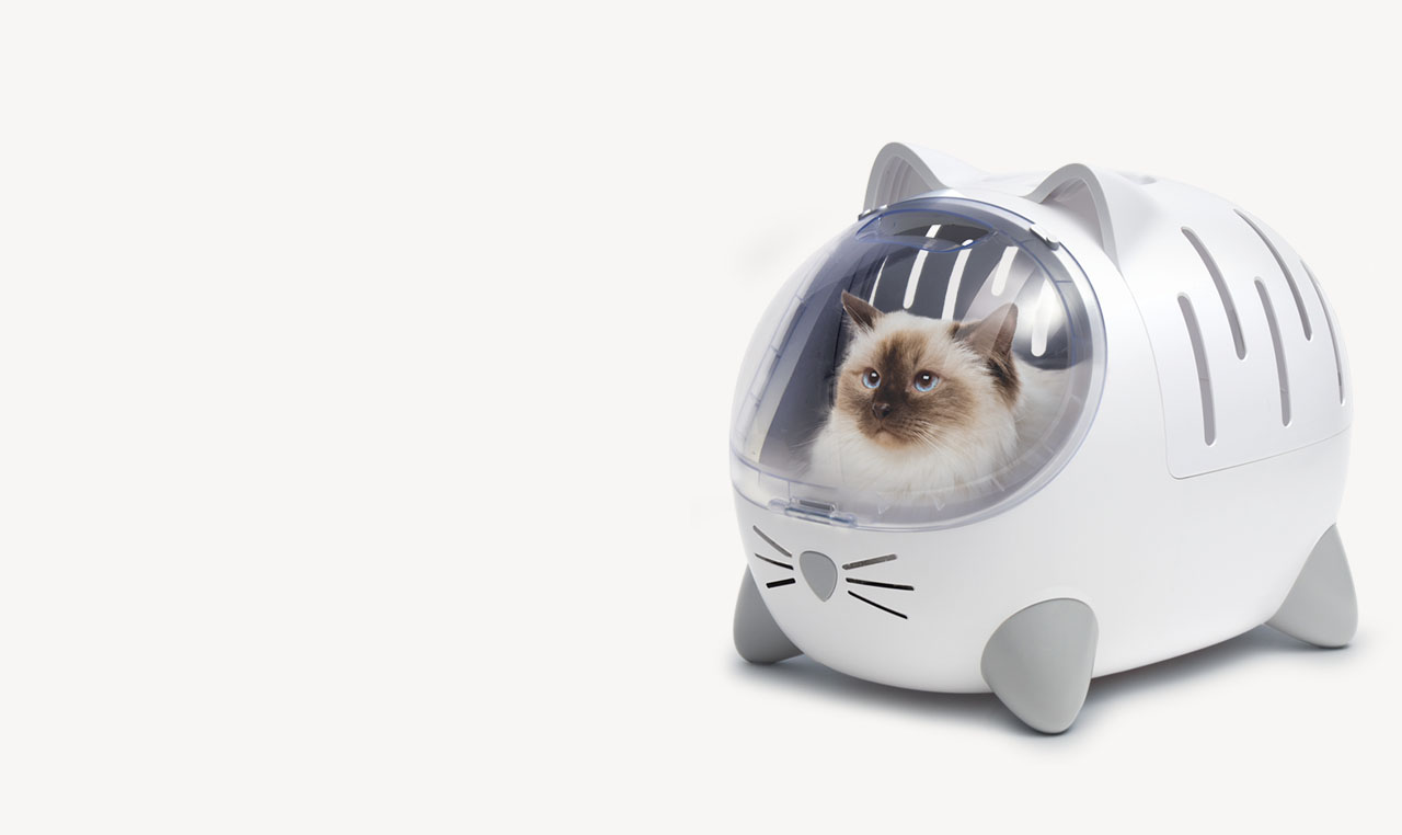 A white cat carrier shaped like a cat head with a clear bubble window and a fluffy cat inside