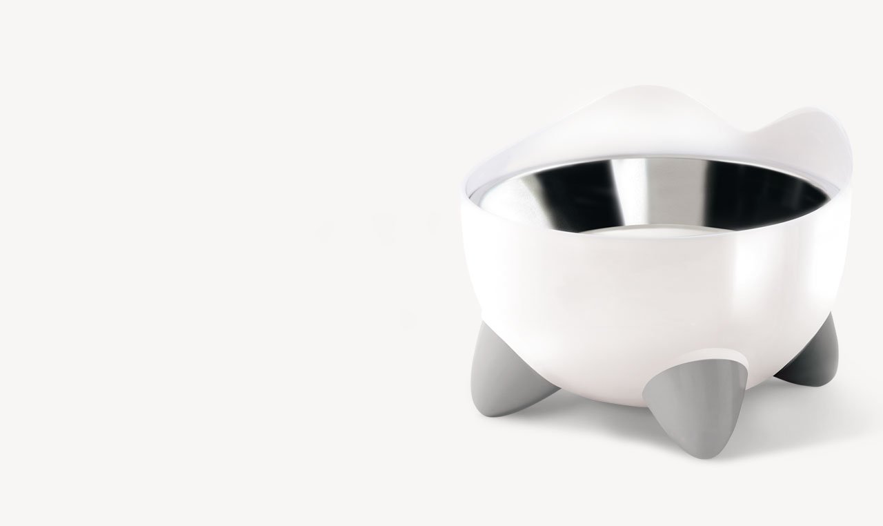 Catit PIXI elevated feeding dish with a white bowl, stainless steel insert, and three grey feet