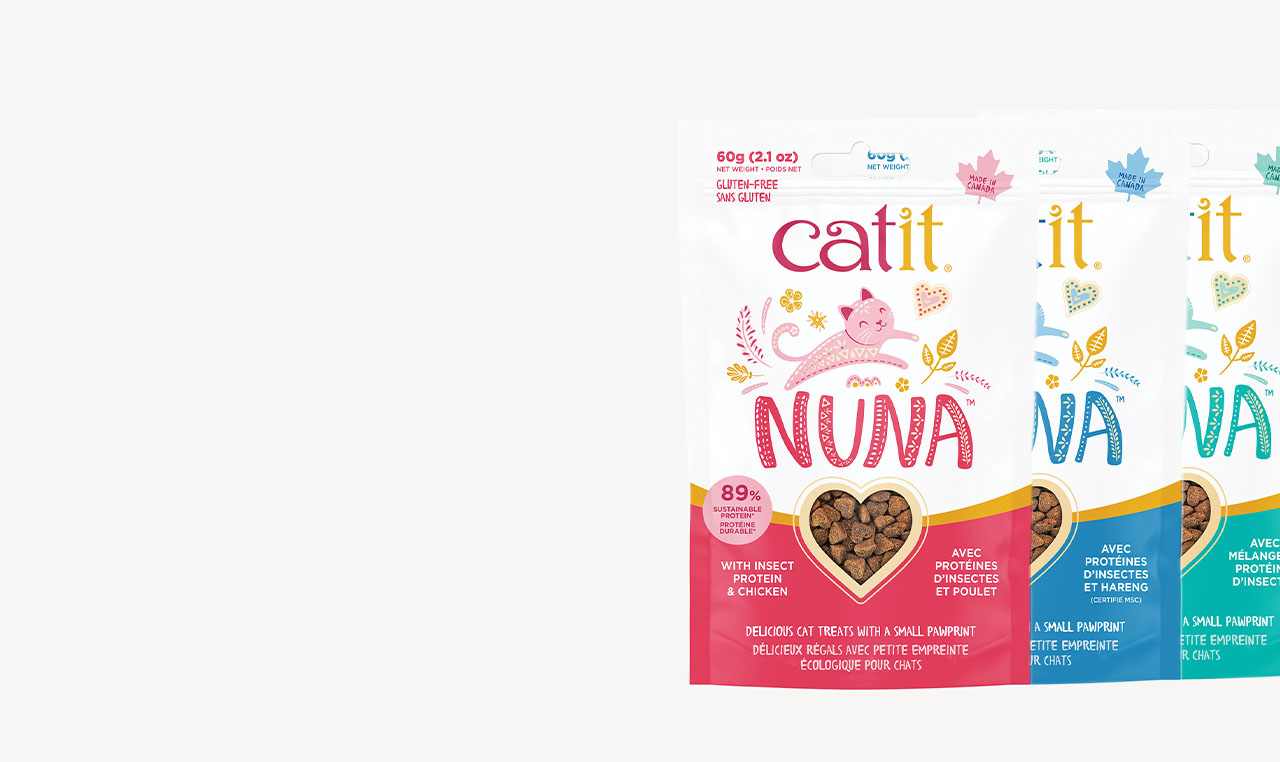 Three bags of Catit Nuna cat treats in different flavors, featuring insect protein and sustainable ingredients
