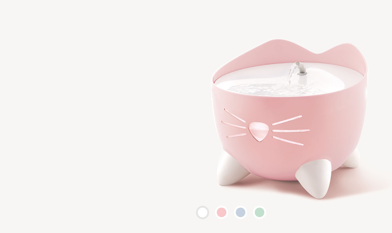 Pink PIXI cat water fountain with a white basin and cat-ear design, shown with color selection circles below