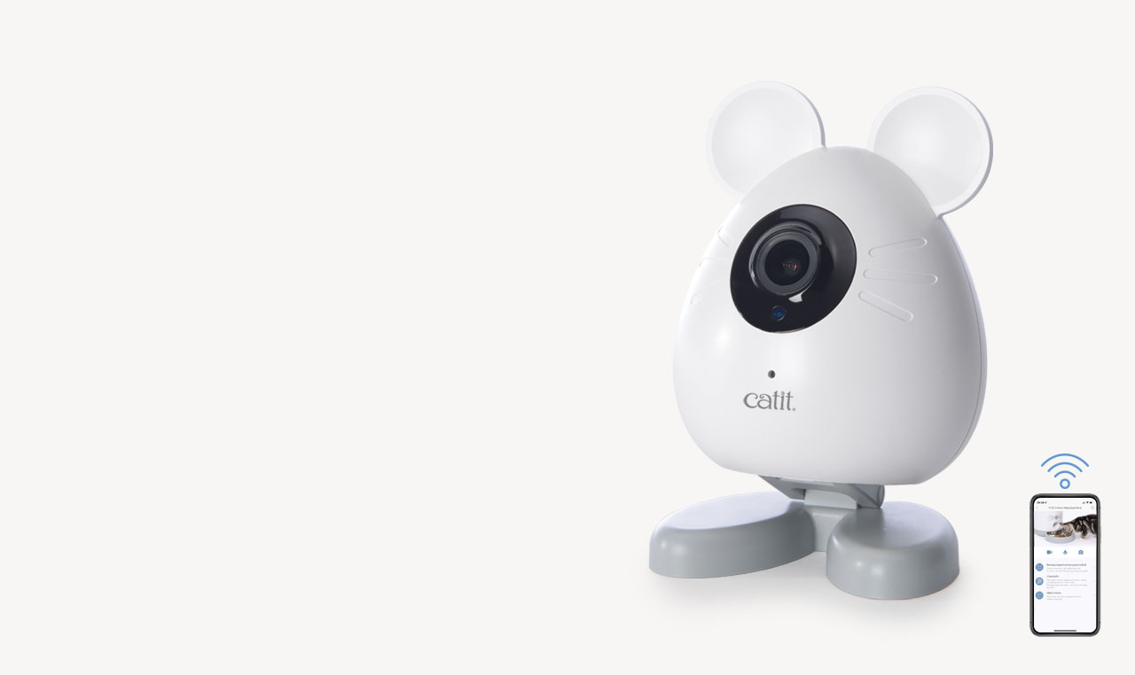 Catit PIXI Mouse Camera with a smartphone app interface shown in the corner