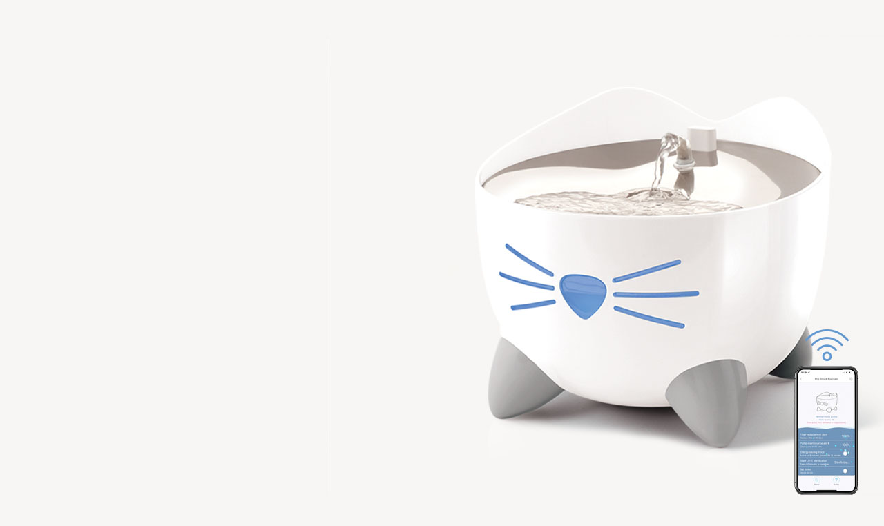 Catit PIXI Smart Fountain with a smartphone app interface showing device settings