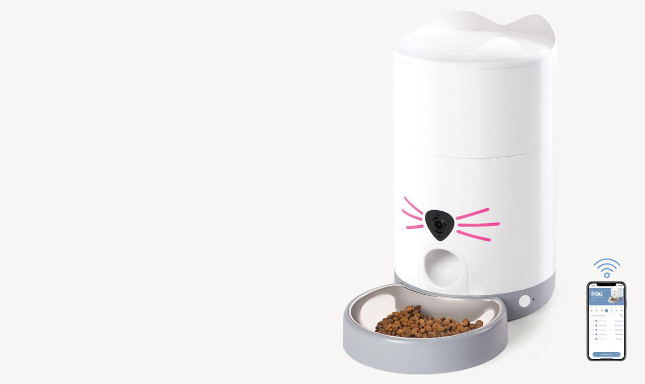 Catit PIXI Smart Feeder with camera and a smartphone app showing feeding schedules