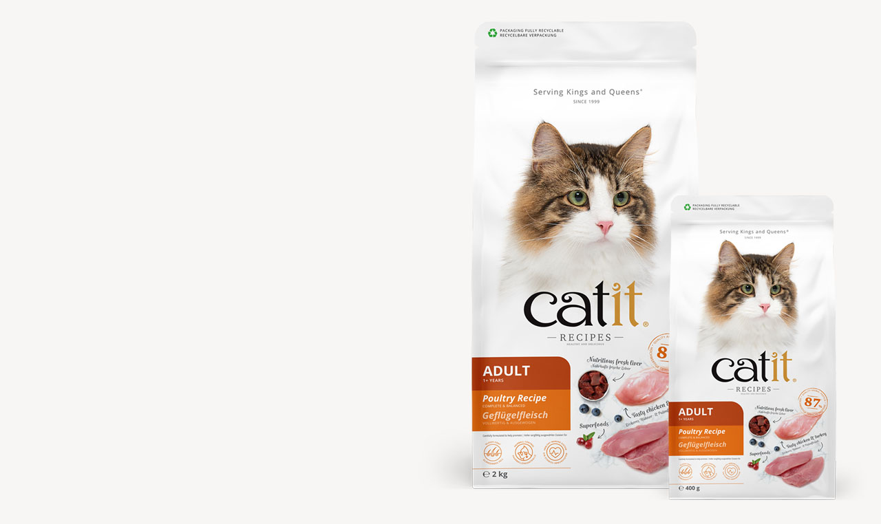 Two bags of Catit Adult Poultry Recipe dry cat food in 2kg and 400g sizes