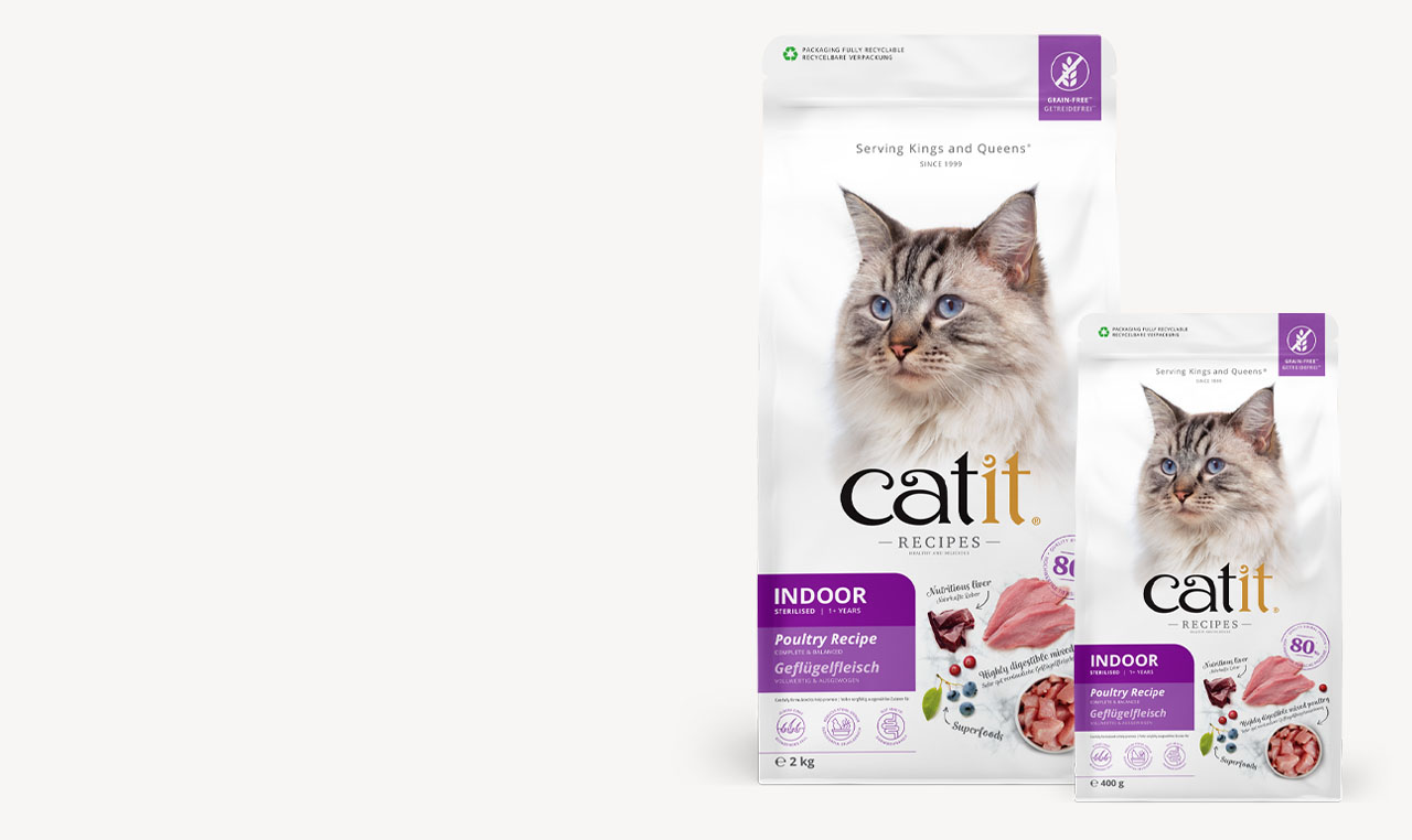 Two bags of Catit Indoor Poultry Recipe cat food in 2 kg and 400 g sizes