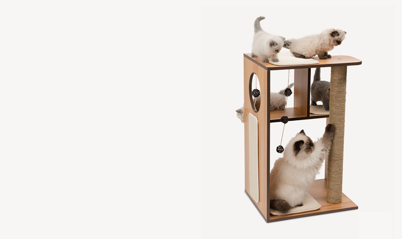 Several kittens and a cat playing on a Vesper cat tree with scratching posts and hanging toys