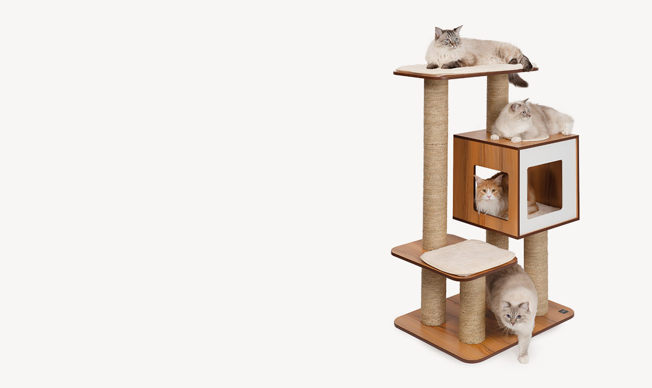 Four cats interacting with a Vesper cat tree featuring a wooden cube, scratching posts, and platforms