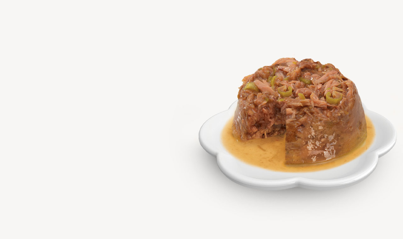 A portion of wet cat food with visible chunks and green pieces served on a white flower-shaped plate