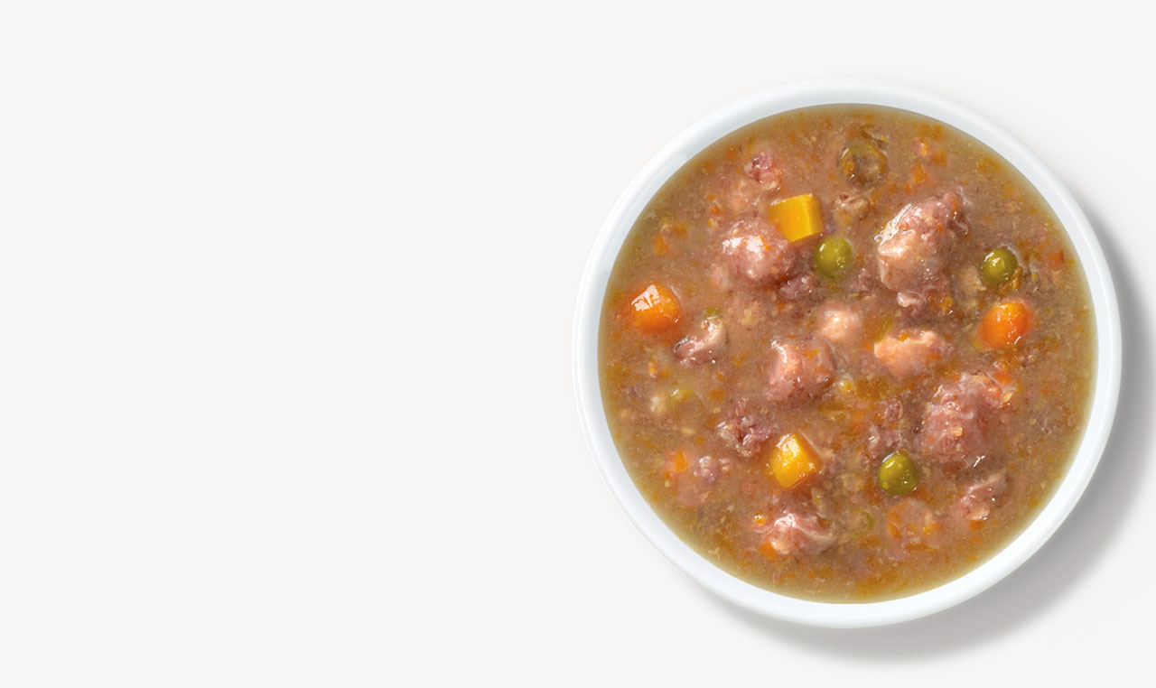 A white bowl filled with wet cat food containing visible chunks of meat, carrots, and peas