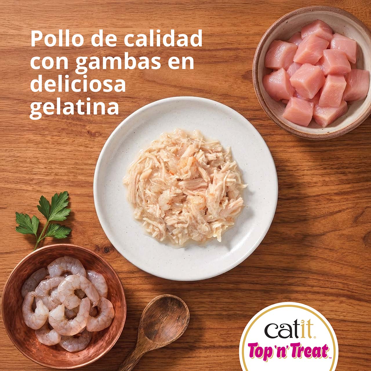 Vista superior de Top 'n' Treat de pollo con gambas