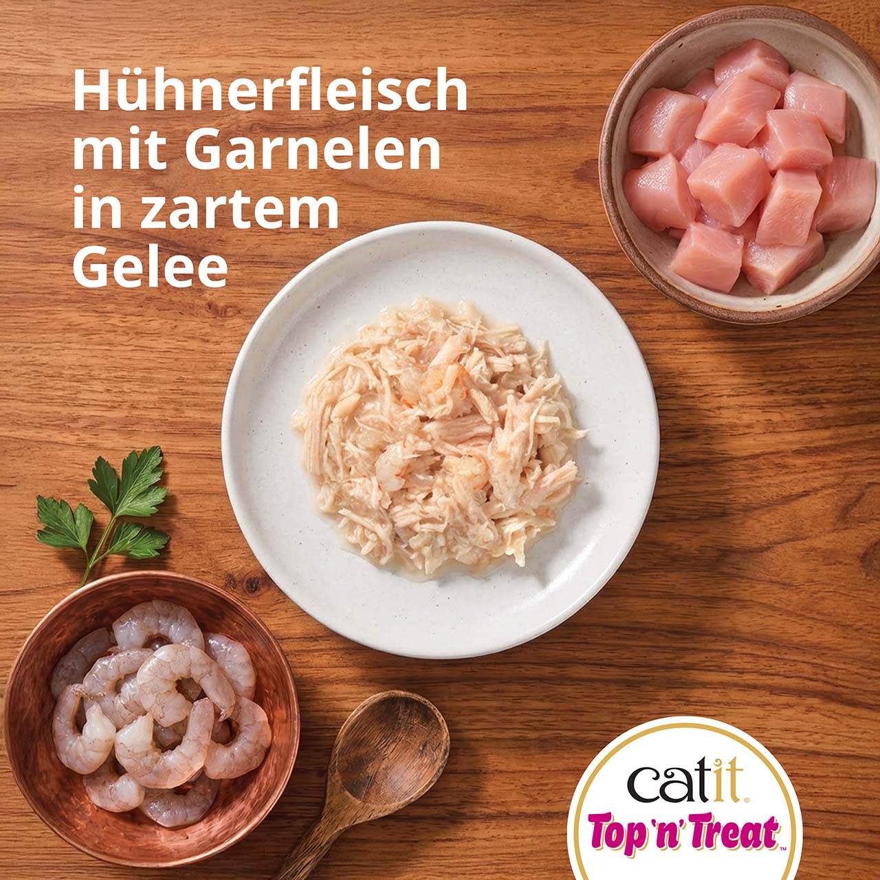 Draufsicht auf Catit Top ’n’ Treat Hühnerfleisch mit Garnelen