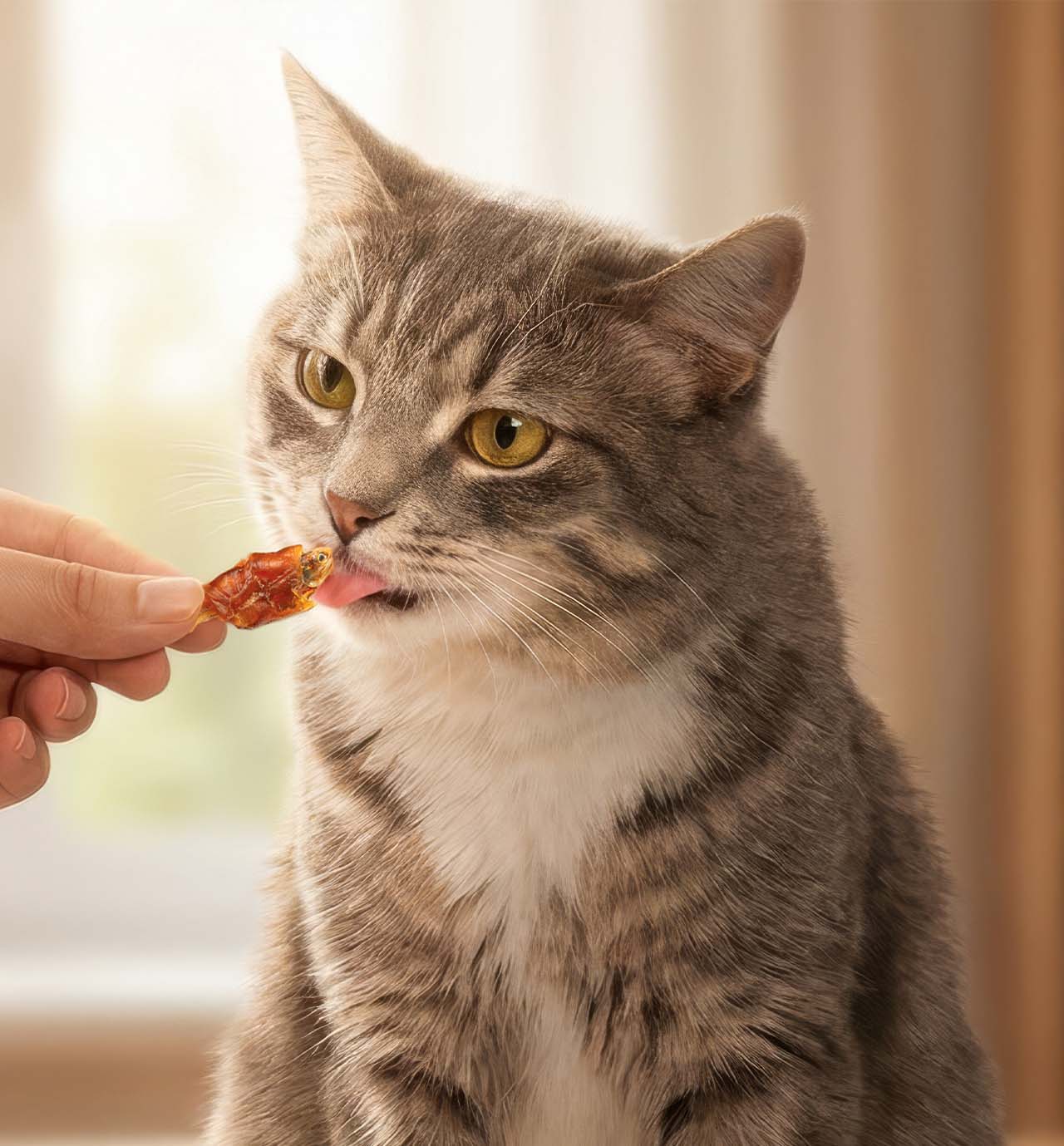 A person holding a small dried fish treat for a grey tabby cat to lick