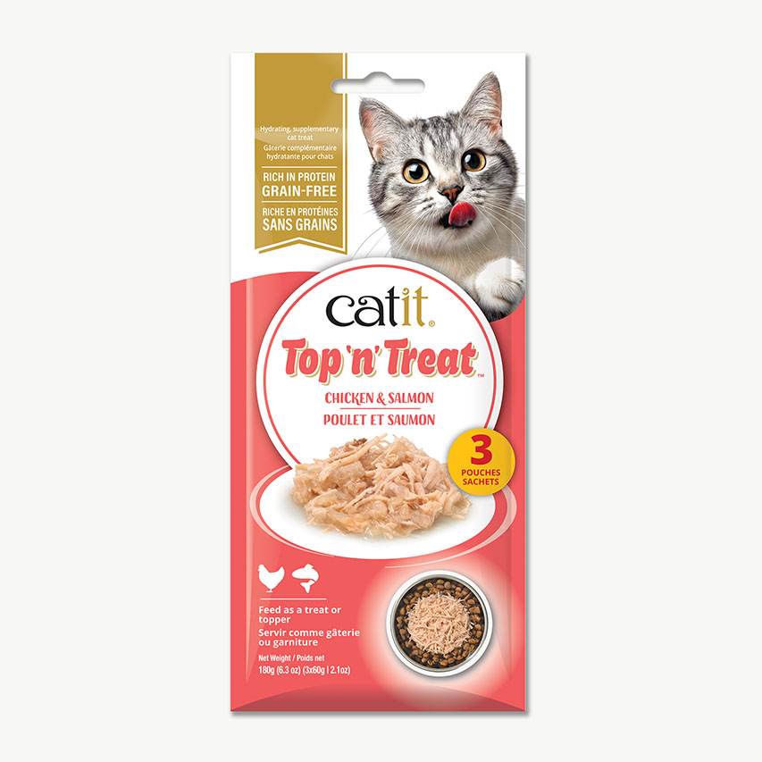 Catit Top n Treat chicken and salmon cat treat packaging containing three 60g pouches
