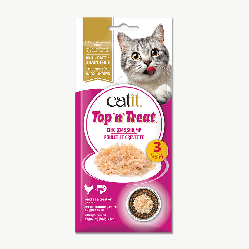 Catit Top 'n' Treat chicken and shrimp cat treat packaging containing three 60g pouches
