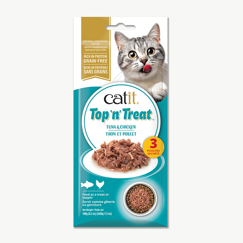 Catit Top 'n' Treat tuna and chicken cat treat packaging containing three 60g pouches