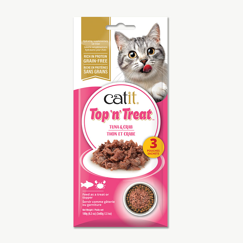 Catit Top 'n' Treat tuna and crab cat treat packaging containing three 60g pouches