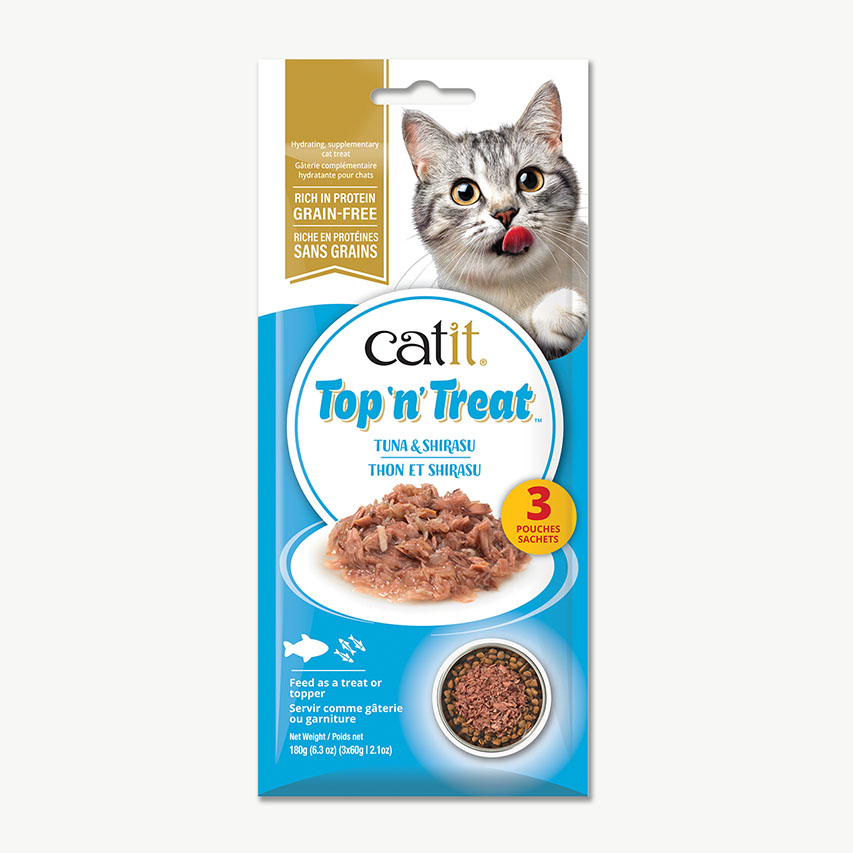 Catit Top 'n' Treat Tuna & Shirasu cat treat packaging containing three 60g pouches