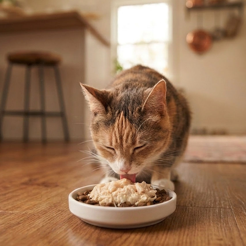 A calico cat with eyes closed eats wet and dry food from a white bowl on a wooden floor
