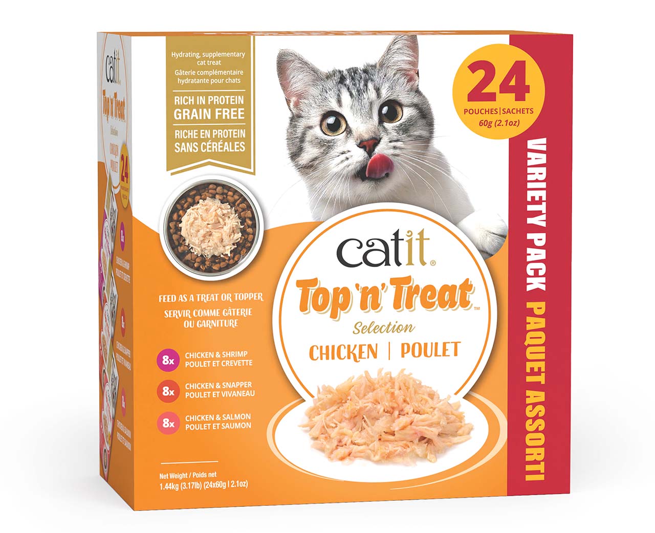 Catit Top 'n' Treat chicken variety pack containing 24 pouches of grain-free, hydrating cat treats