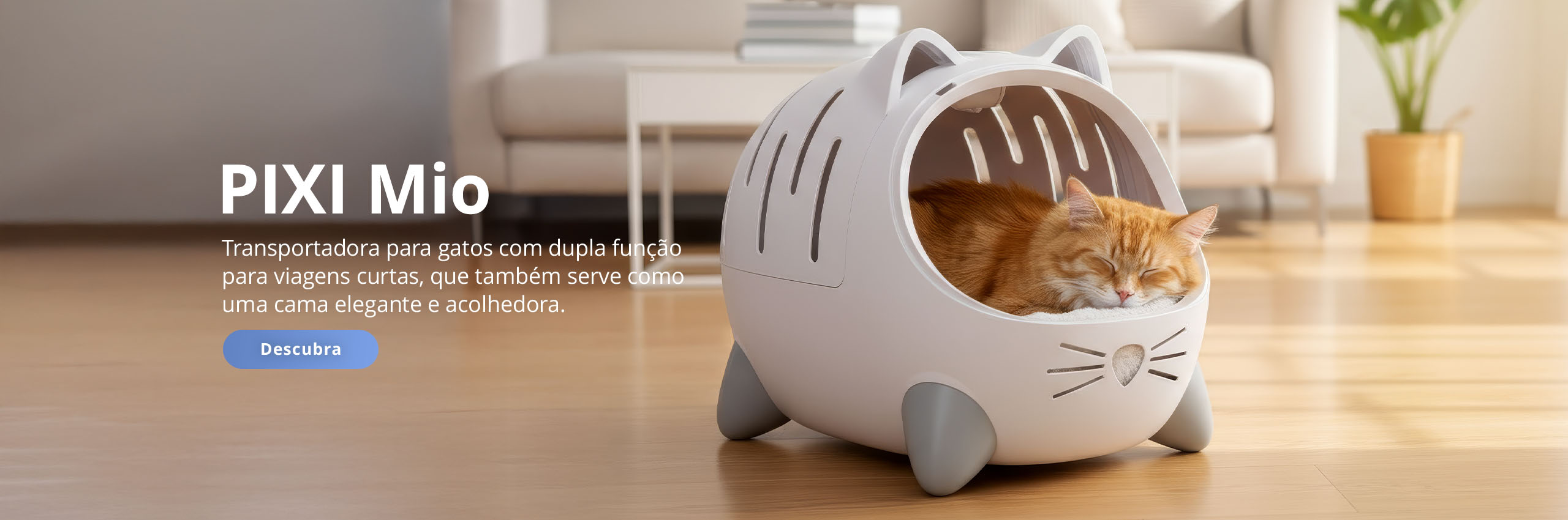 Transportadora PIXI Mio numa sala de estar, apresentada como uma elegante transportadora para gatos de dupla função e uma cama confortável para gatos.
