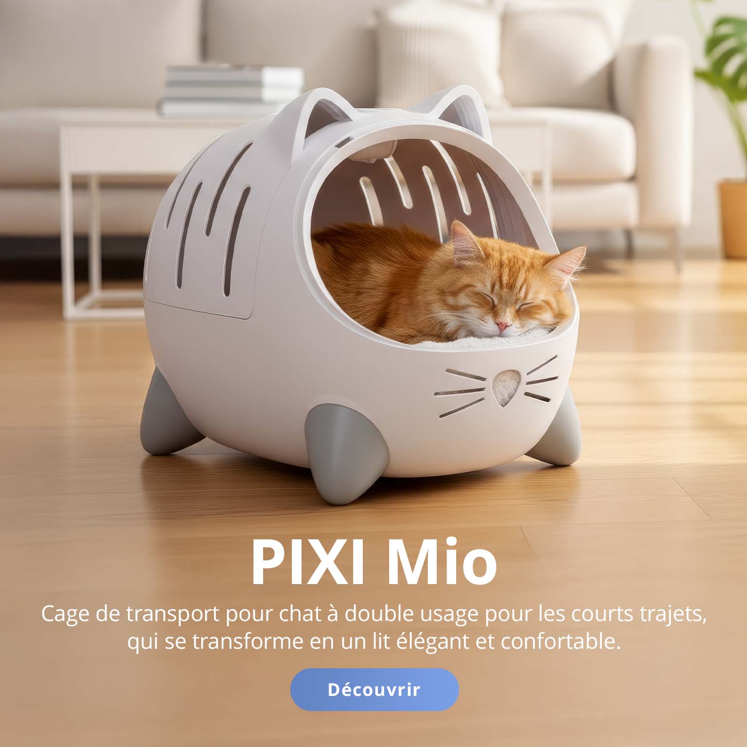 Caisse de transport PIXI Mio dans un salon, présentée comme une cage de transport pour chat élégante à double usage et un lit douillet pour chat.