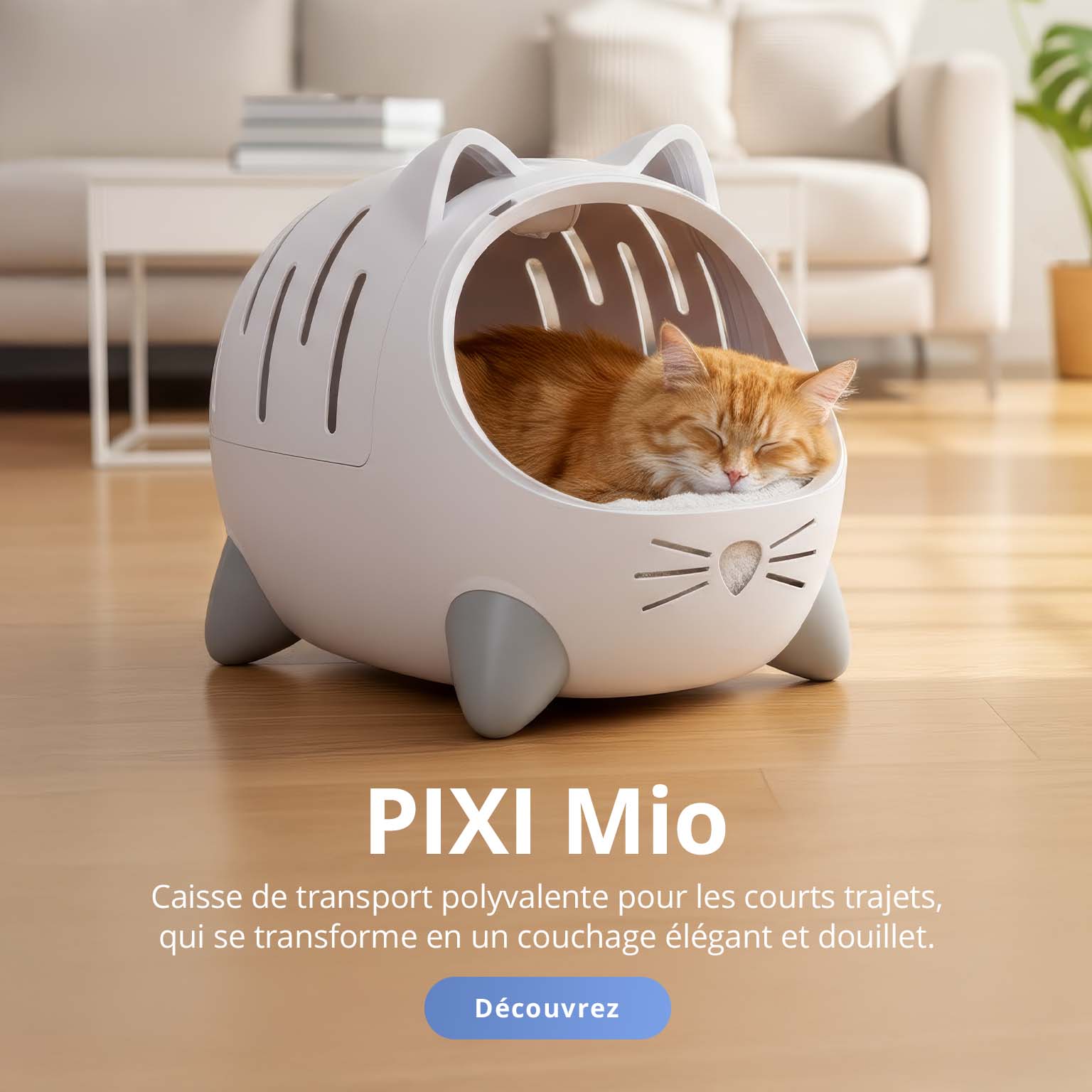 Caisse de transport PIXI Mio dans un salon, présentée comme une élégante caisse de transport polyvalente et un couchage douillet pour chat.