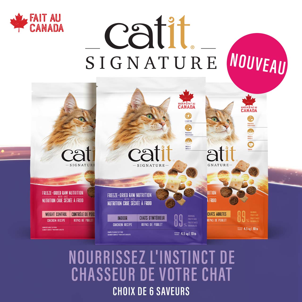 Trois sacs de la nouvelle gamme Catit Signature portant un autocollant « Nouveau » dans un cercle
