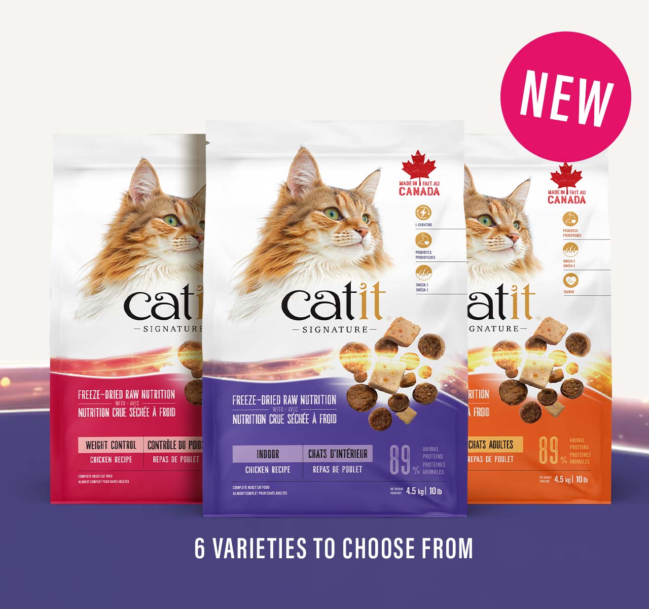 Three bags of new Catit Signature with a ‘New’ badge in a circle