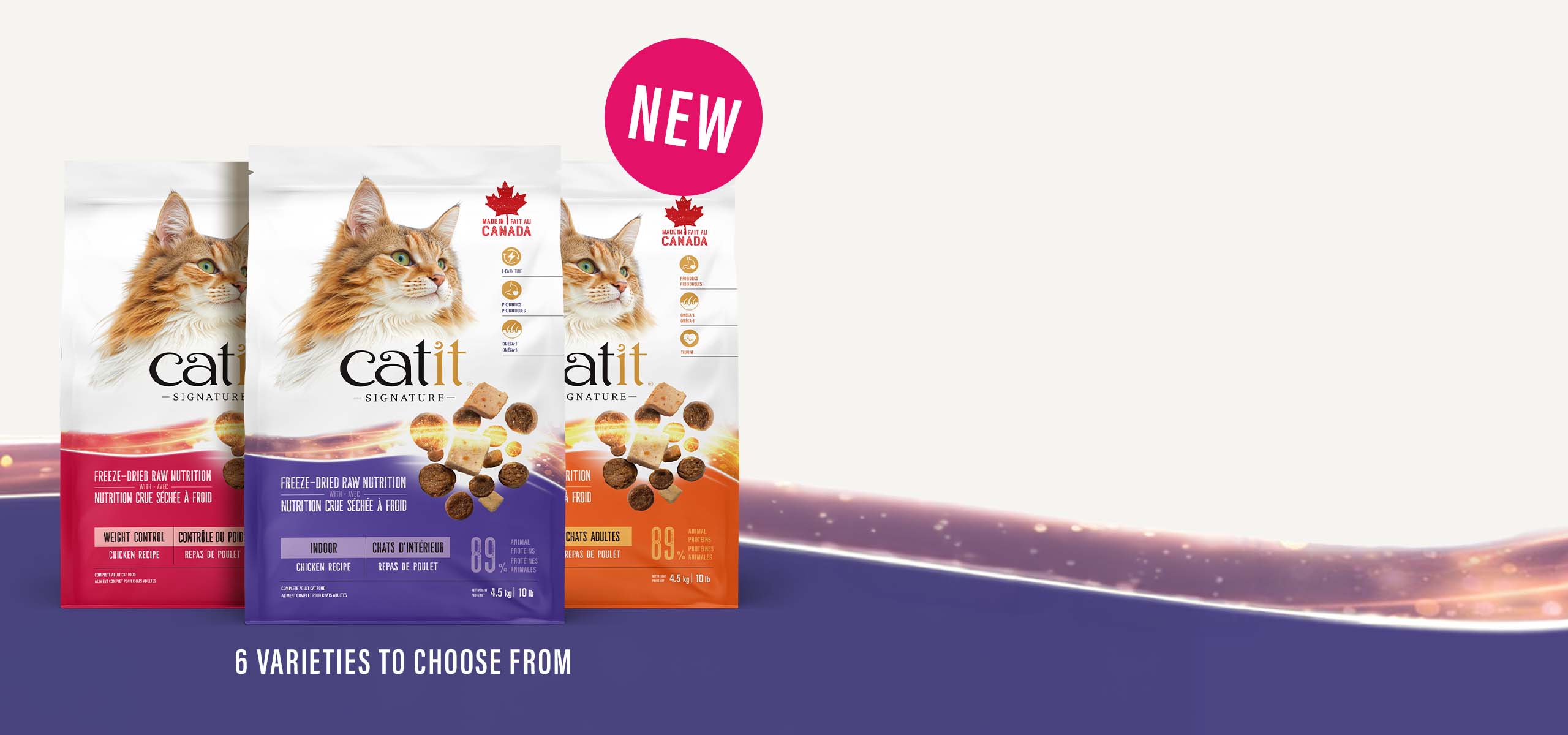 Three bags of new Catit Signature with a ‘New’ badge in a circle