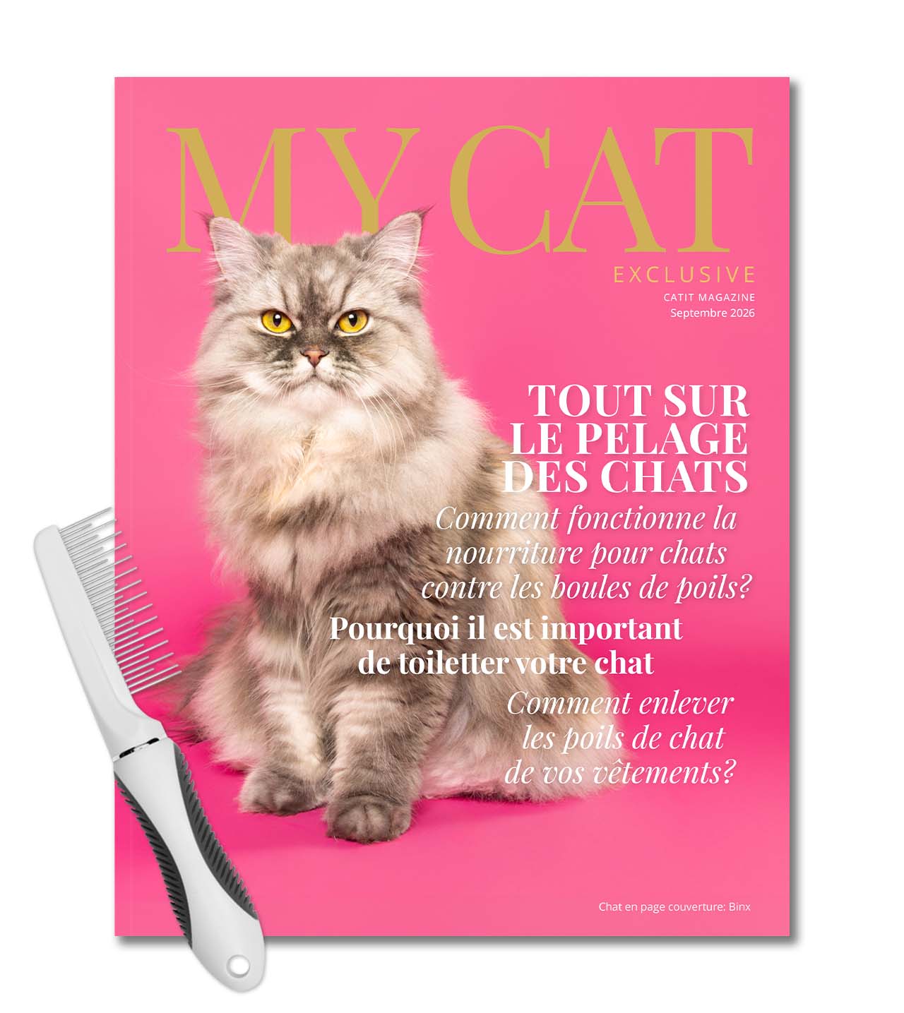 Couverture de septembre du magazine My Cat avec un peigne du kit de toilettage Catit.