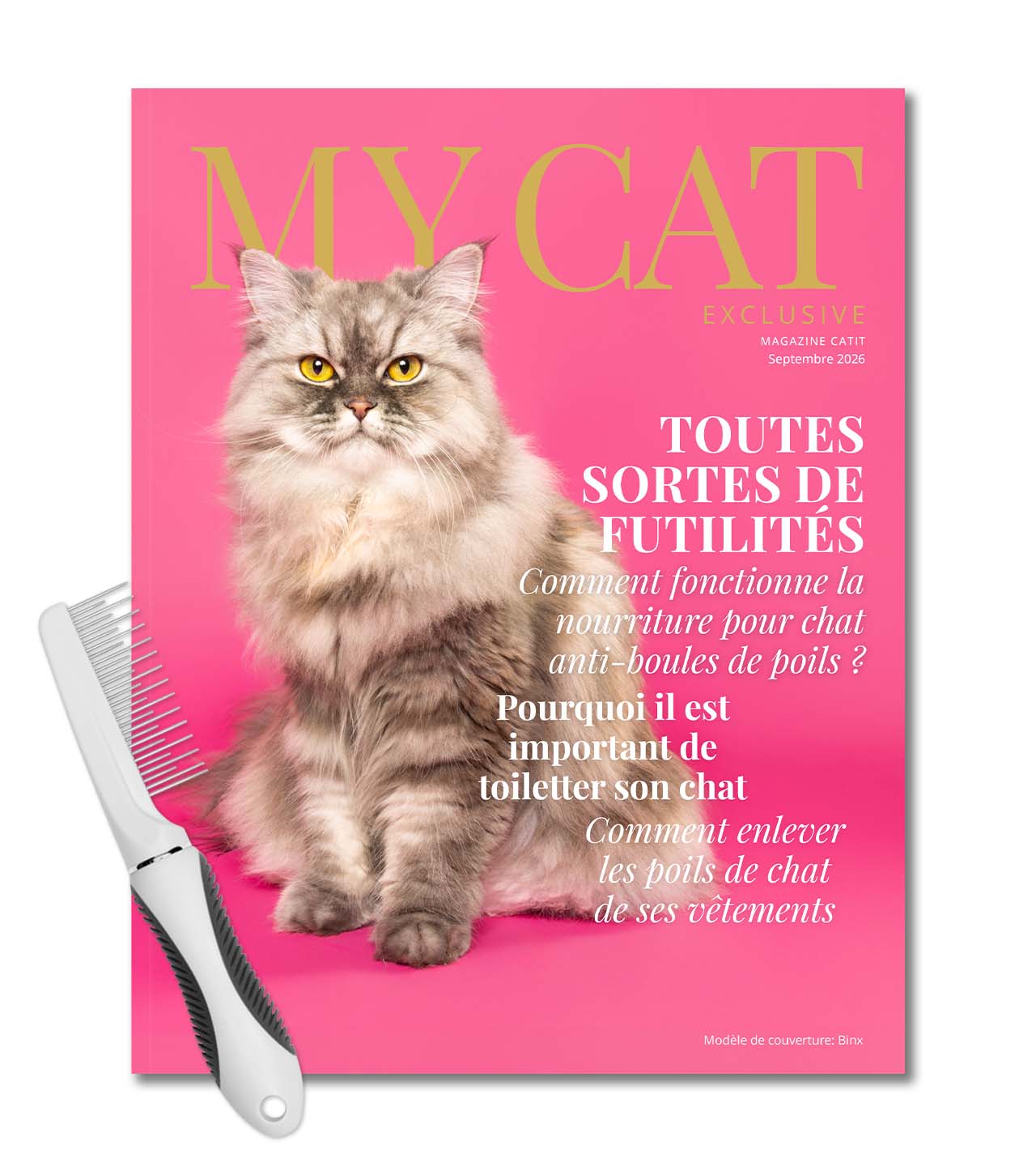 Couverture de septembre du magazine My Cat avec un peigne du kit de toilettage Catit.