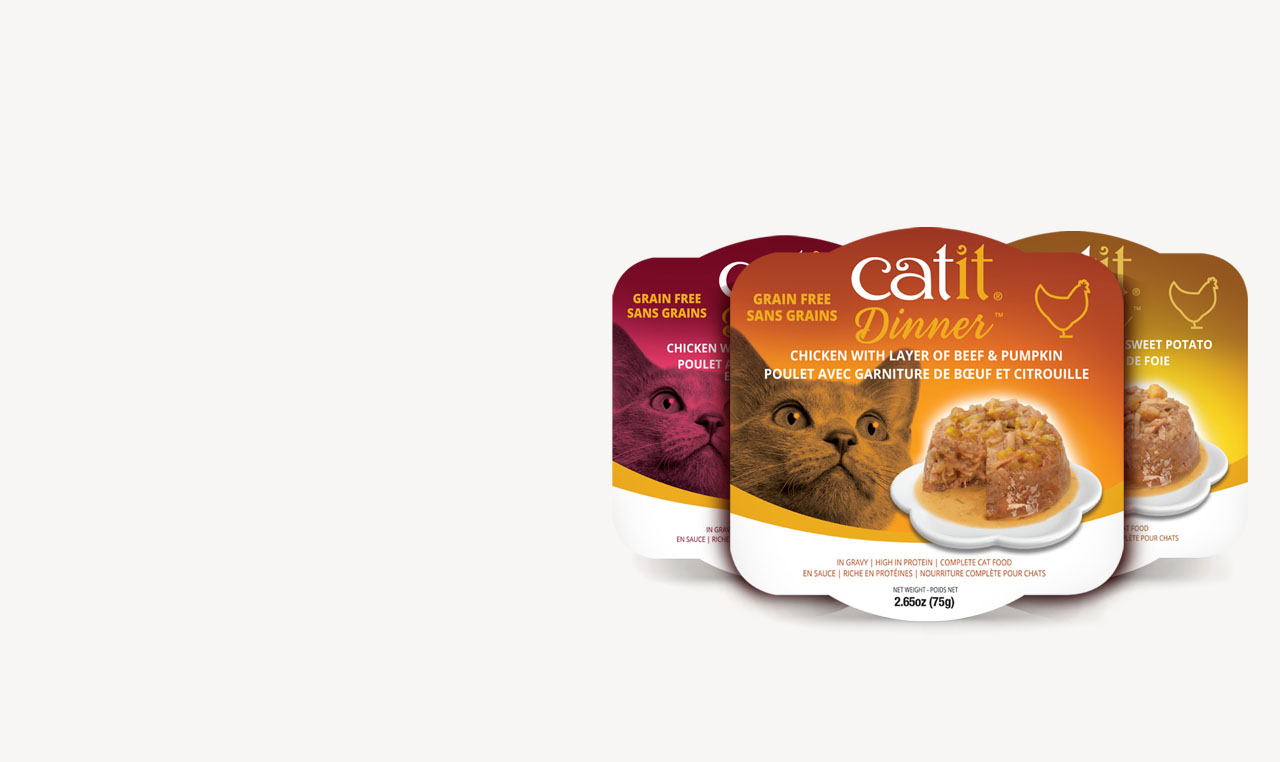 Three containers of Catit Dinner grain-free cat food in gravy