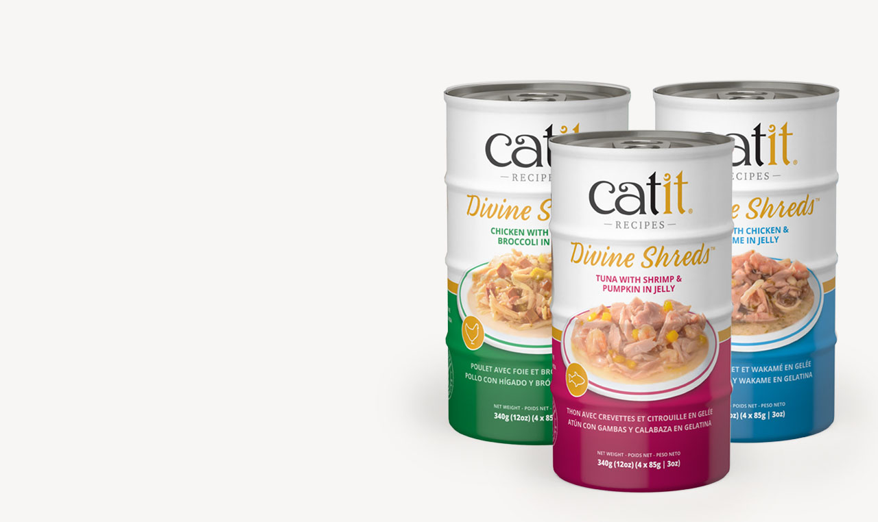 3 can towers of Catit Divine Shreds in jelly