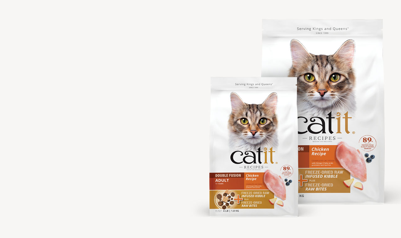 Two bags of Catit Double Fusion Adult dry cat food in 1.8kg and 4.5kg sizes