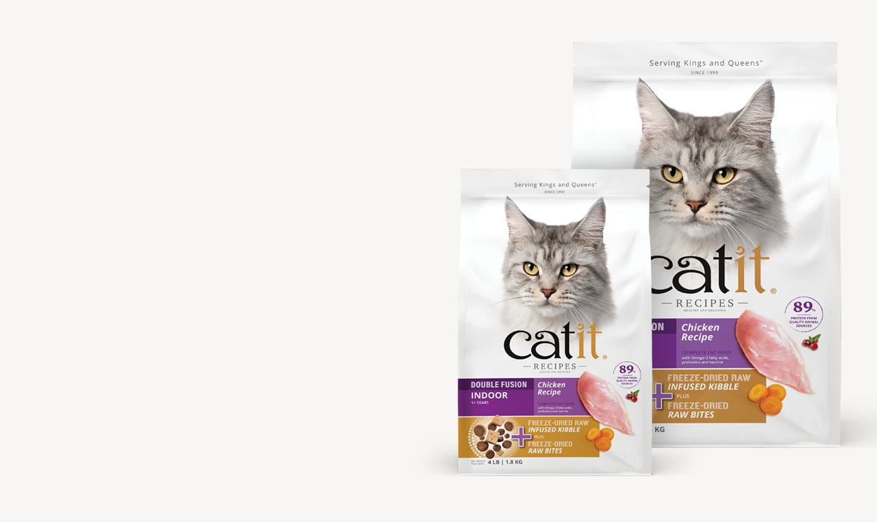 Two bags of Catit Double Fusion Indoor dry cat food in 1.8kg and 4.5kg sizes
