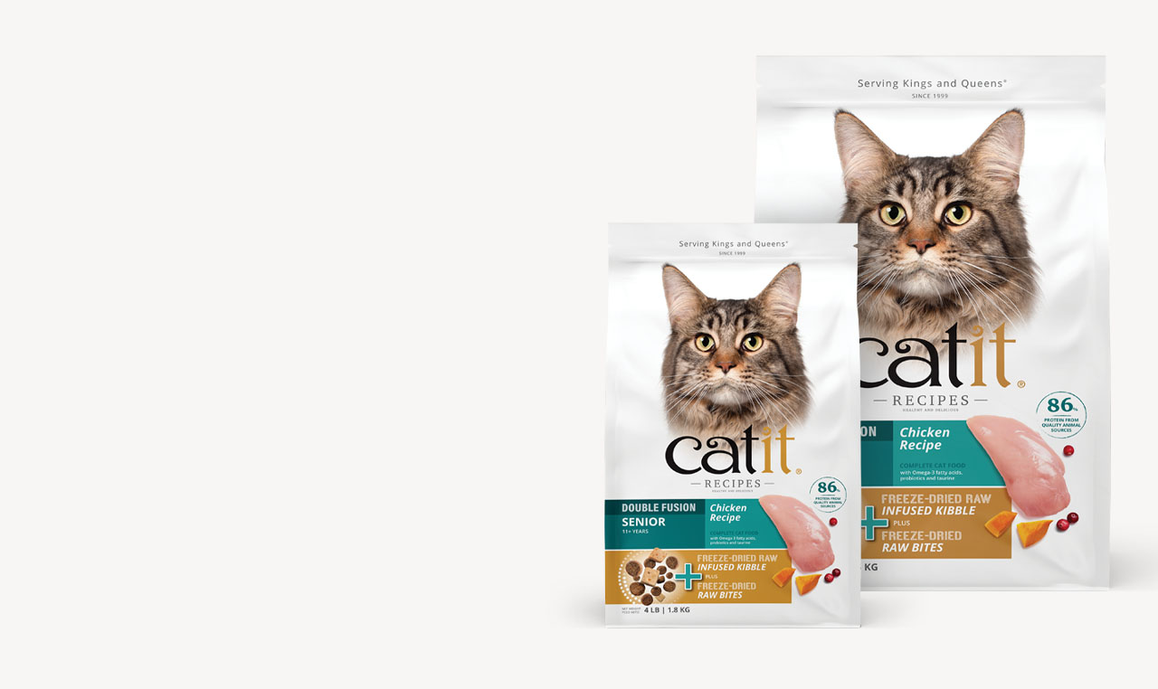 Two bags of Catit Double Fusion Senior dry cat food in 1.8kg and 4.5kg sizes