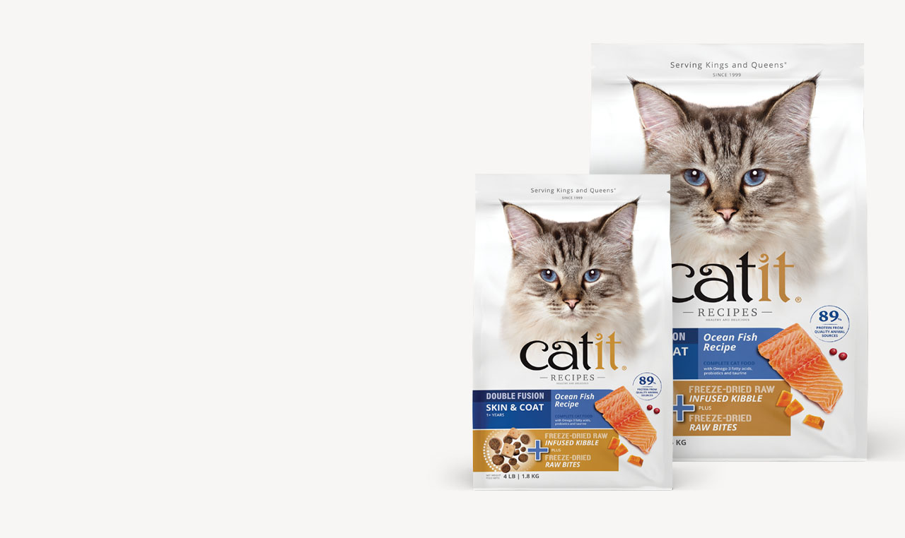 Two bags of Catit Double Fusion Skin & Coat dry cat food in 1.8kg and 4.5kg sizes