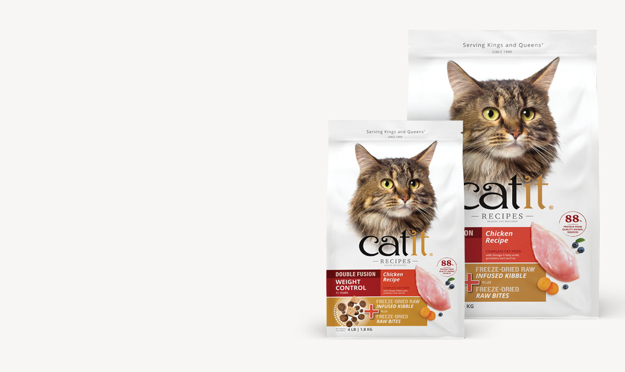 Two bags of Catit Double Fusion Weight Control dry cat food in 1.8kg and 4.5kg sizes