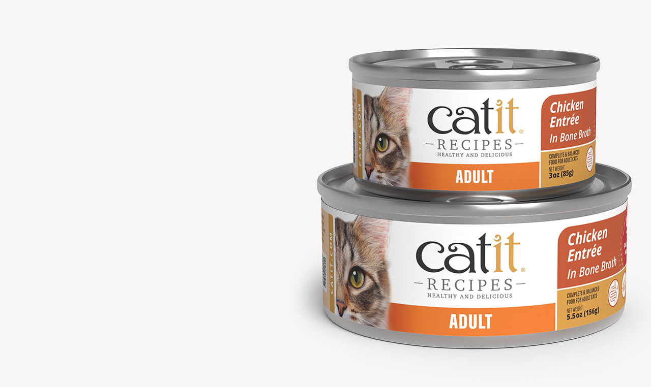 Two cans of Catit Entree Adult 85g and 156g