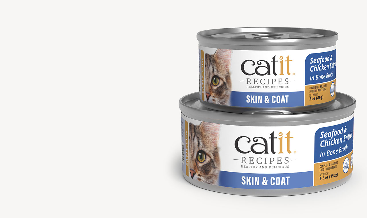 Two cans of Catit Entree Skin & Coat 85g and 156g