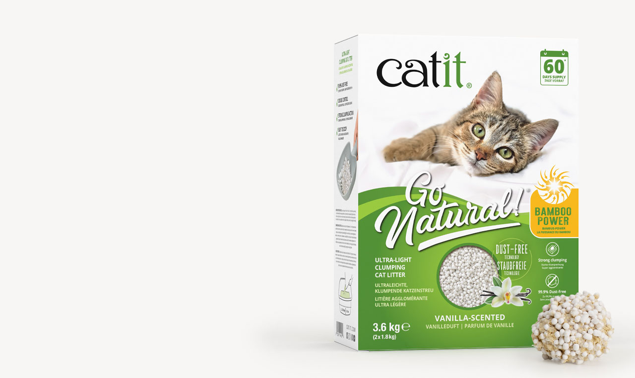 Catit Go Natural bamboo-based, vanilla-scented, ultra-light clumping cat litter packaging