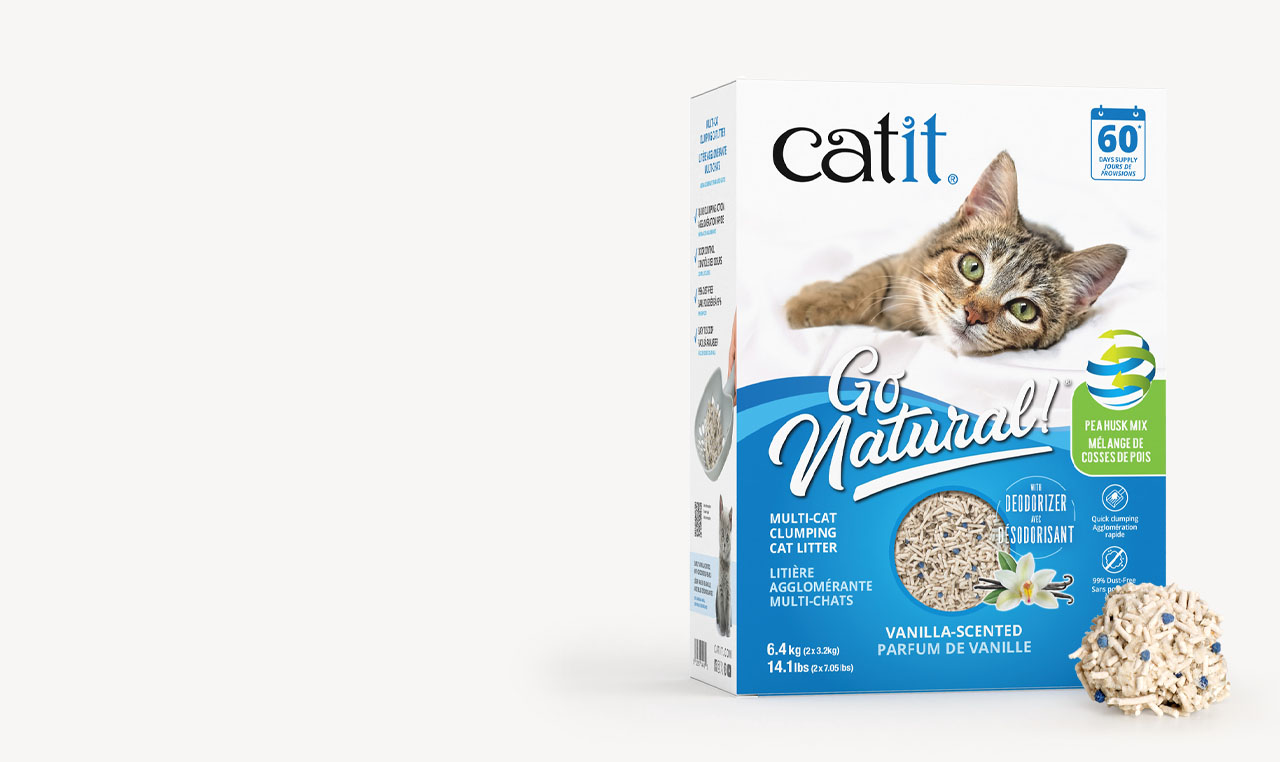 Catit Go Natural pea husk cat litter packaging, featuring a vanilla scent and clumping formula for multi-cat households