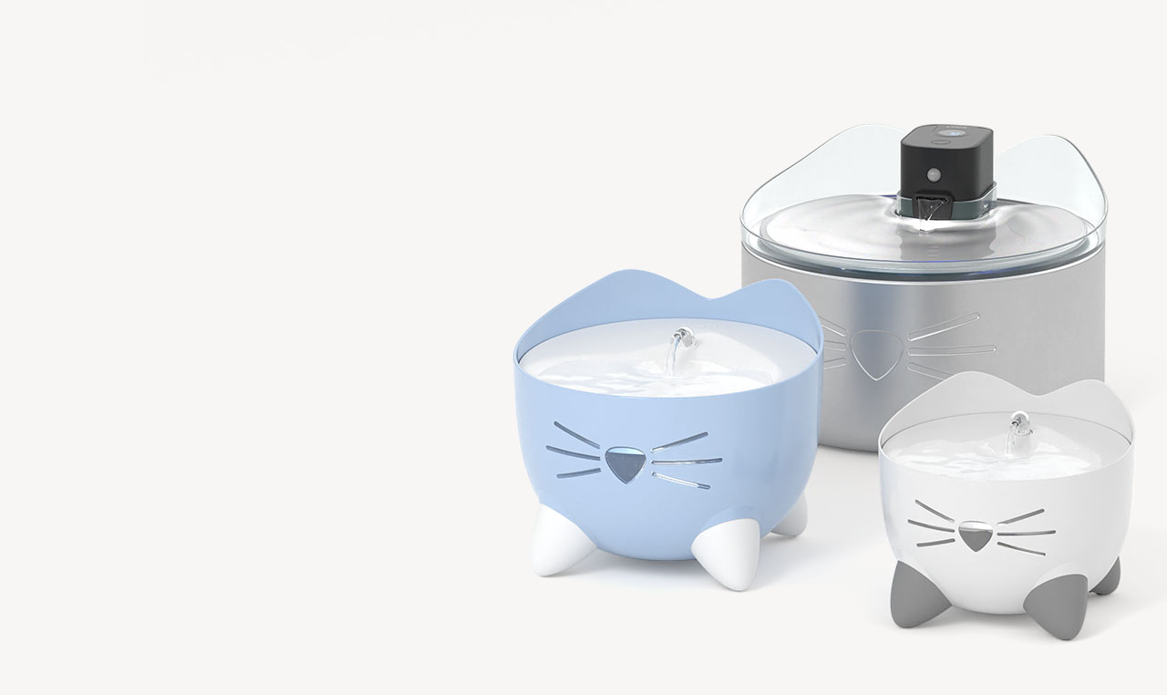 Catit PIXI Fountain, Catit PIXI Stainless Steel UV-C Fountain, Catit PIXI Mini Fountain standing together