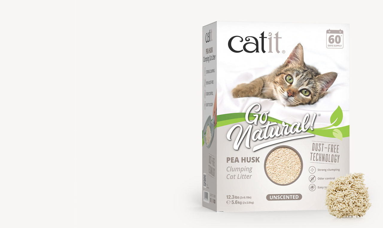 Catit Go Natural pea husk clumping cat litter packaging with a pile of litter pellets in front