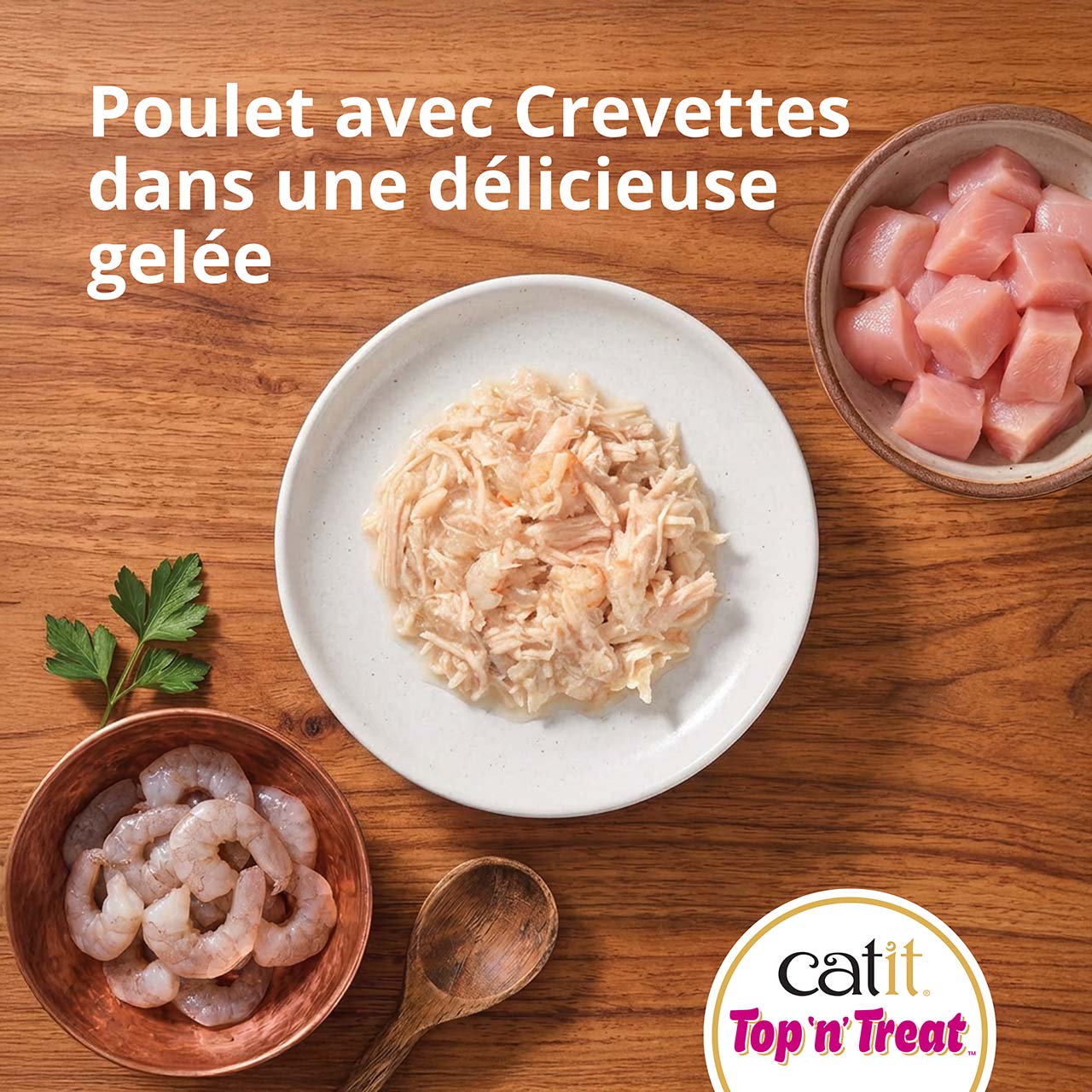 Vue de dessus de Top ’n’ Treat Poulet aux crevettes