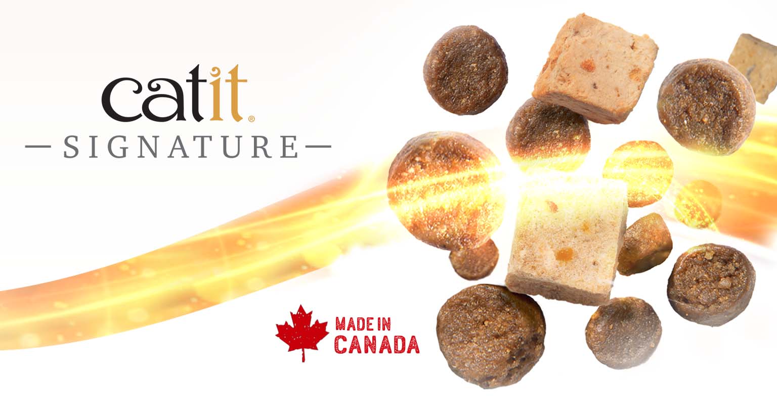Catit Signature cat food kibble and freeze-dried meat cubes, made in Canada